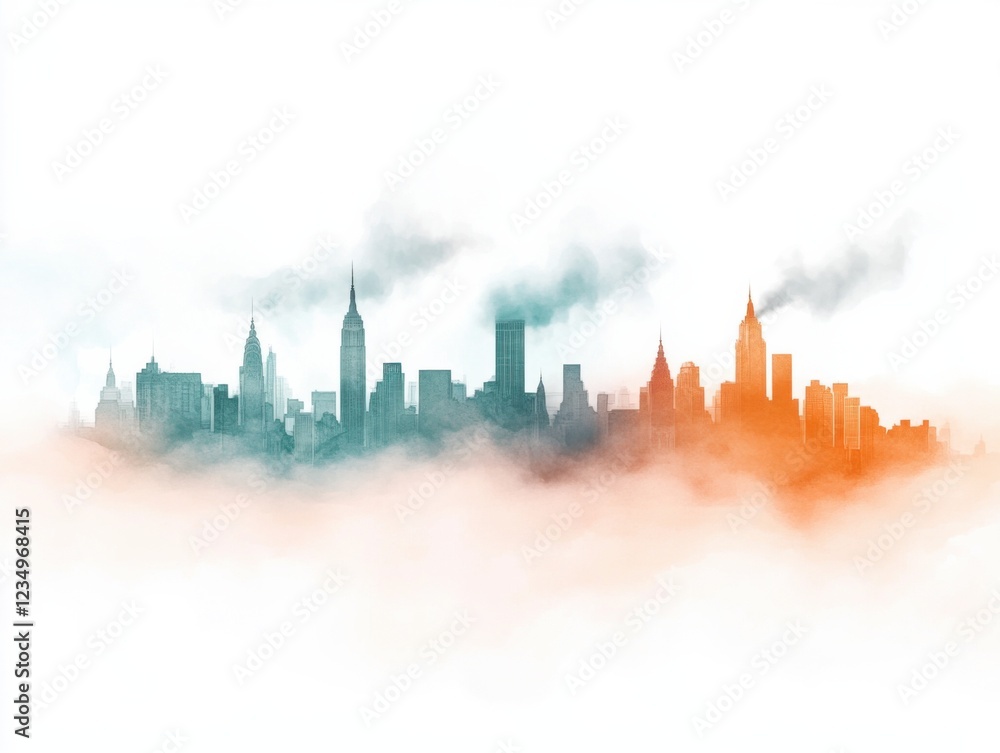 Obraz premium A stunning watercolor painting of an abstract urban skyline, with layers of blue and orange, evokes a calm and dreamlike cityscape shrouded in mist.