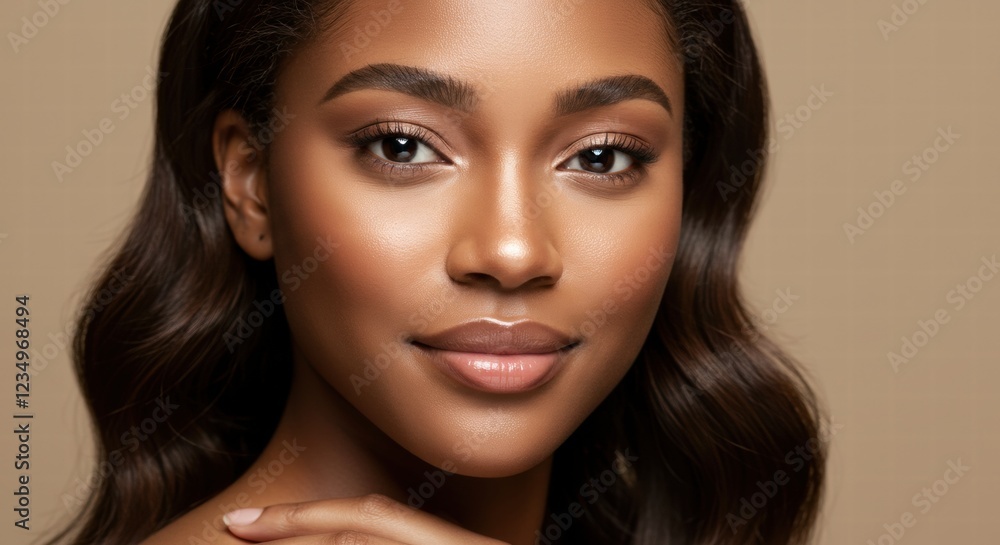 Naklejka premium A close-up portrait of a young woman with a natural look, showcasing her smooth skin and subtle makeup against a soft, neutral background