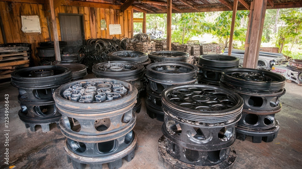 Stacks of Industrial Black Rubber Wheels in a Wooden Shed Stacks of Industrial Black Rubber Wheels in a Wooden Shed