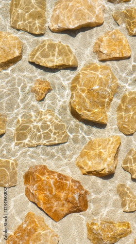 Abstract view of a sandy beach with light blue water overlay, featuring golden stones under gentle ripples.