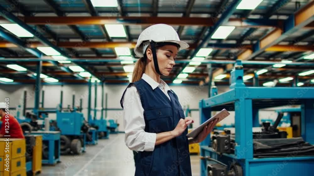 Confident Female Engineer Using a Digital Tablet in a High-Tech Industrial Factory. Professional Woman Wearing a Hard Hat and Safety Vest While Supervising Modern Manufacturing Equipment Confident Female Engineer Using a Digital Tablet in a High-Tech Industrial Factory. Professional Woman Wearing a Hard Hat and Safety Vest While Supervising Modern Manufacturing Equipment