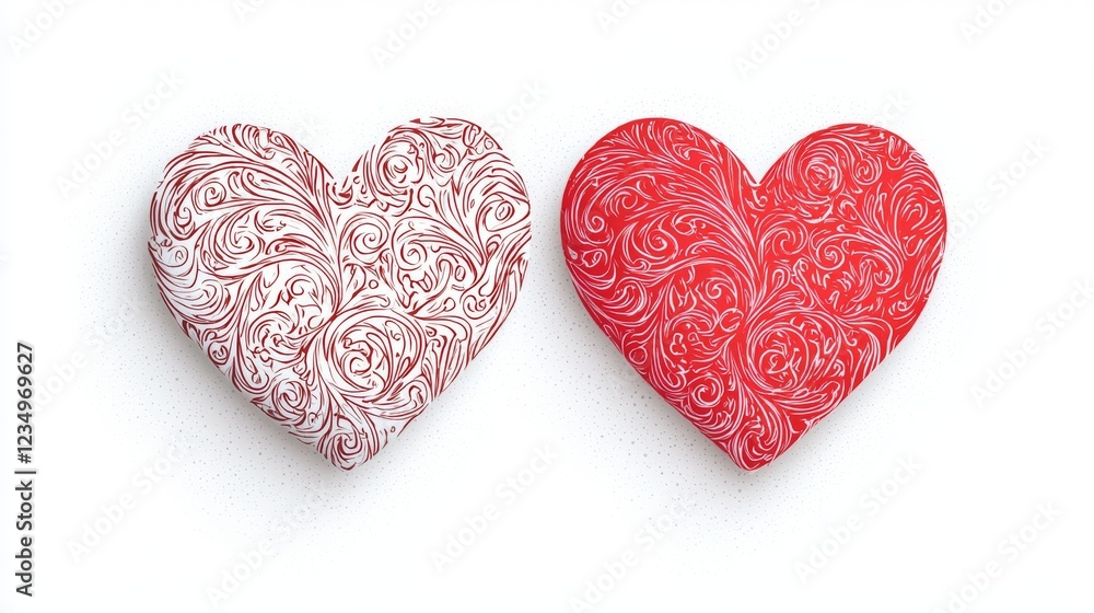 Two decorative heart-shaped objects, one pink with intricate designs and the other solid red, symbolize love and affection. Two decorative heart-shaped objects, one pink with intricate designs and the other solid red, symbolize love and affection.