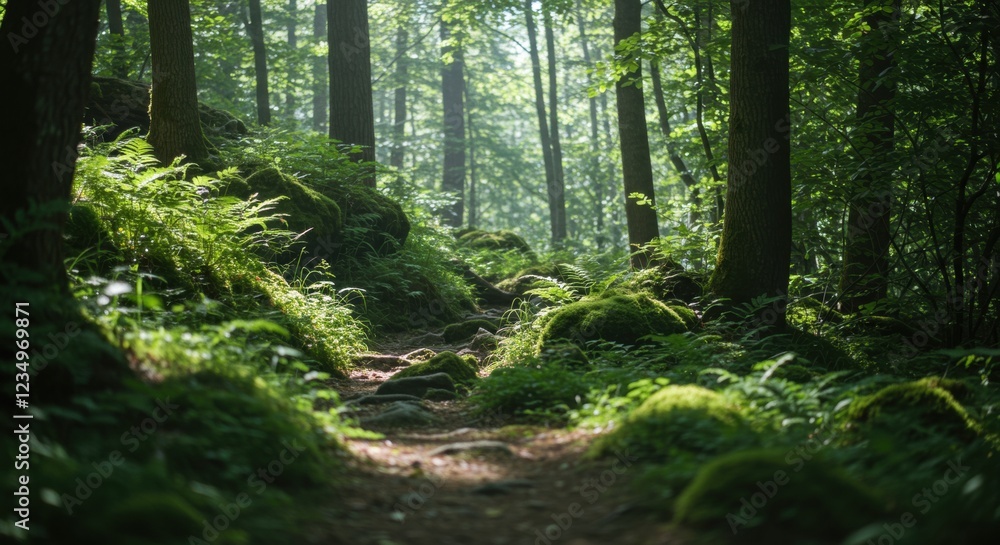 A serene forest scene with lush greenery, soft light filtering through trees A serene forest scene with lush greenery, soft light filtering through trees