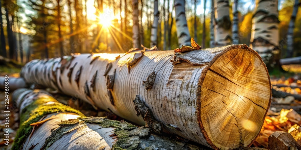 Fototapeta premium A felled birch tree trunk basks in the golden rays of the setting sun, surrounded by a forest of towering trees, its smooth bark contrasting with the rough texture of the exposed wood.