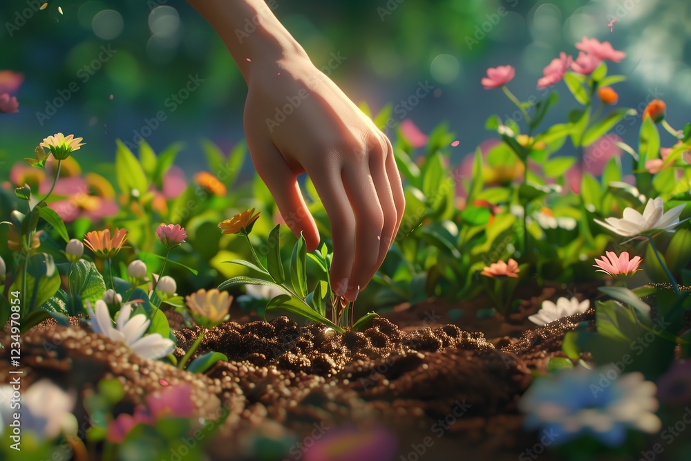 Fototapeta premium A hand carefully planting a seed in a vibrant flower garden, symbolizing growth.