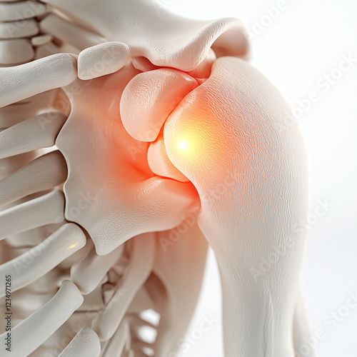 A high-resolution 3D depiction of a shoulder joint affected by pain, featuring highlighted areas of discomfort on a clean white background photo