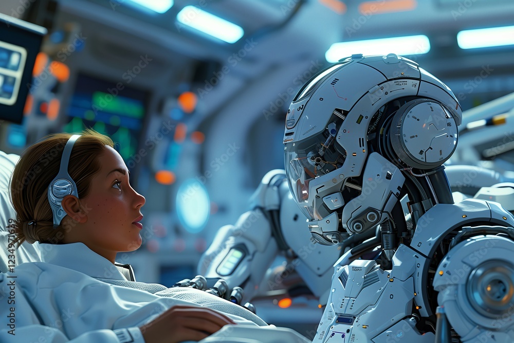 Fototapeta premium A humanoid robot interacts with a patient in a futuristic medical setting.