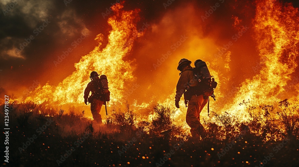 Fototapeta premium Firefighters combat a raging blaze, silhouetted against intense flames, showcasing bravery and the fight against wildfires.