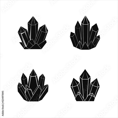  Quartz Crystals Silhouette Icons Vector Illustration on White Background