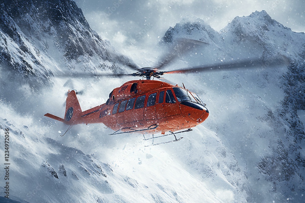 rescue helicopter airlifting hikers trapped on a snowy mountain face during an avalanche, heavy snow rescue helicopter airlifting hikers trapped on a snowy mountain face during an avalanche, heavy snow