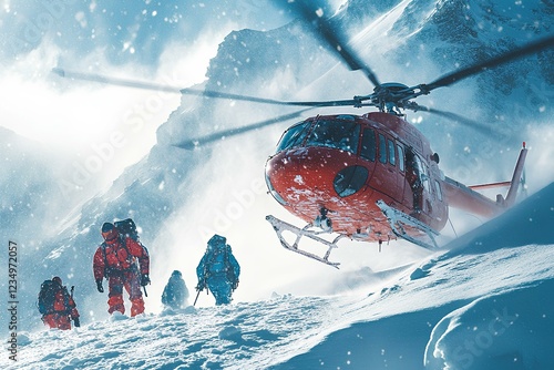 rescue helicopter airlifting hikers trapped on a snowy mountain face during an avalanche, heavy snow photo