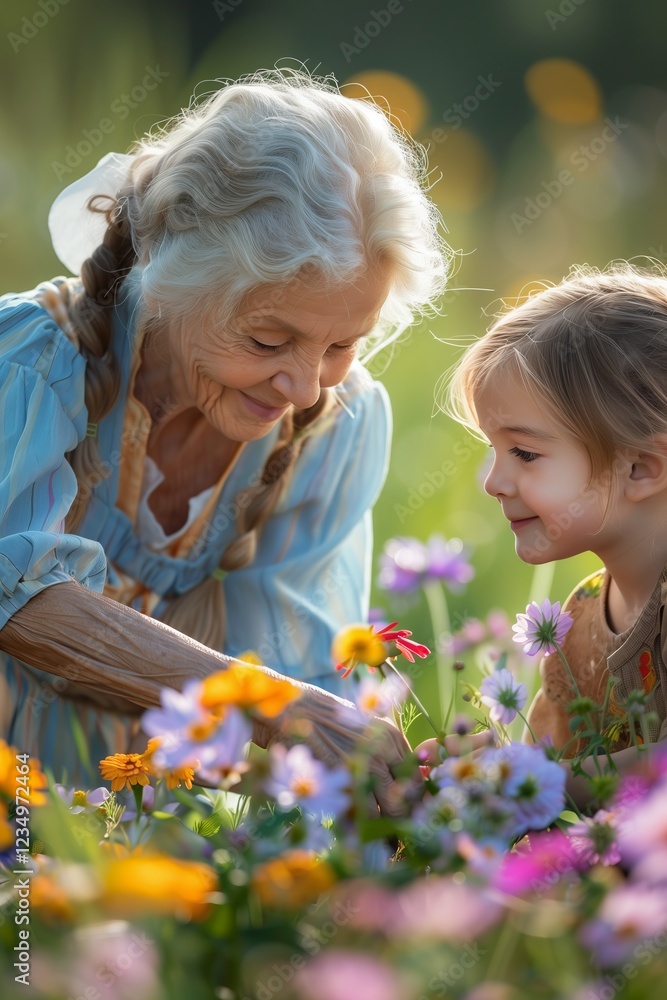 A joyful moment shared between a grandmother and granddaughter among colorful flowers. A joyful moment shared between a grandmother and granddaughter among colorful flowers.