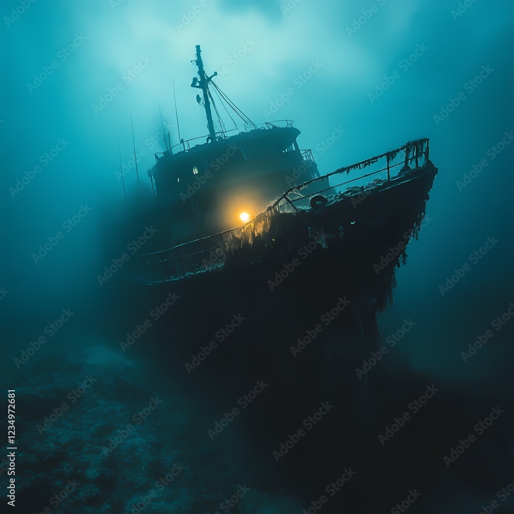 Sunken shipwreck emerges from the deep blue waters with eerie atmosphere during twilight hours Sunken shipwreck emerges from the deep blue waters with eerie atmosphere during twilight hours