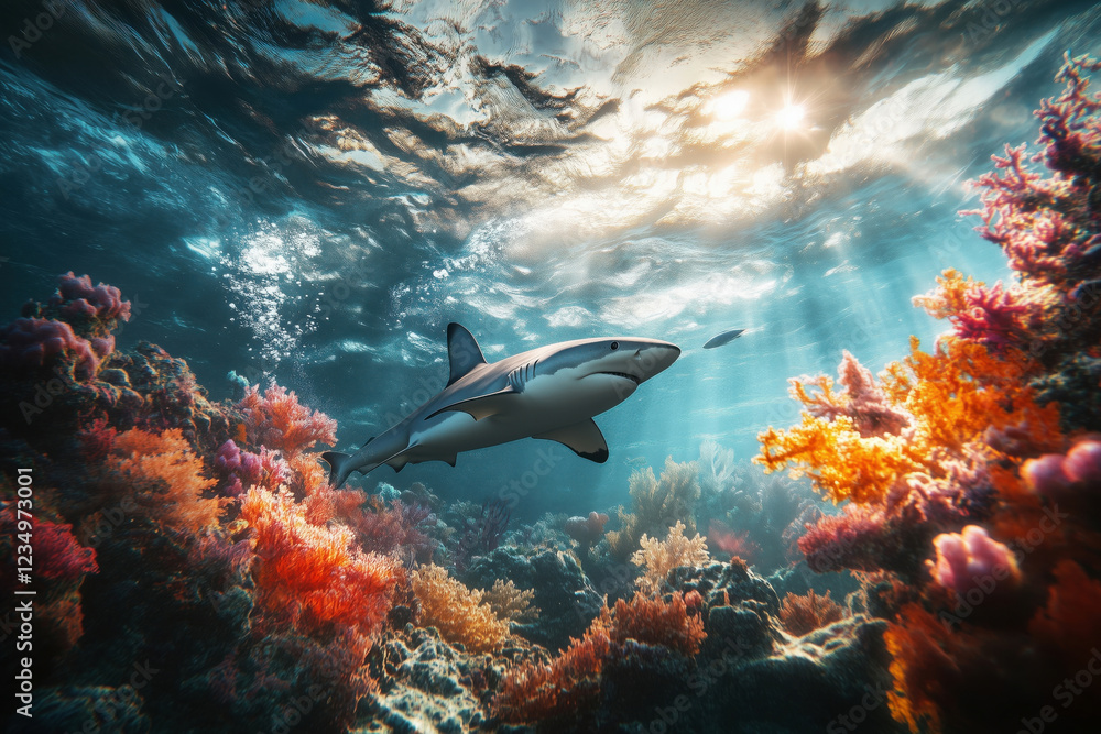 Fototapeta premium A shark swimming underwater near colorful corals