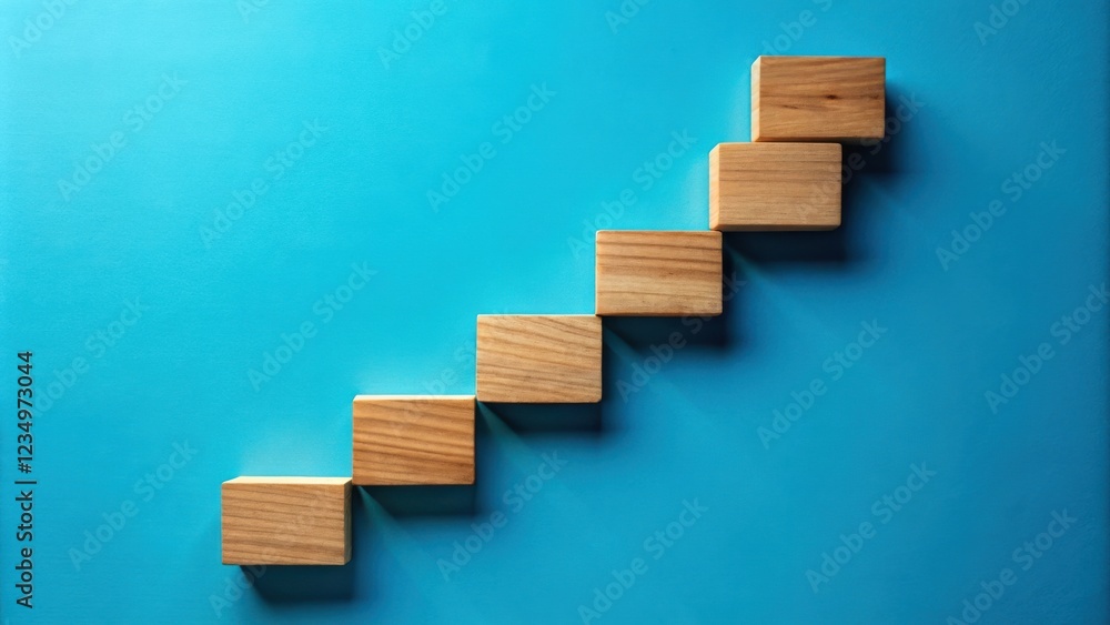 Wooden blocks arranged in a staircase formation on a blue background, symbolizing growth, progression, and achieving goals. Wooden blocks arranged in a staircase formation on a blue background, symbolizing growth, progression, and achieving goals.