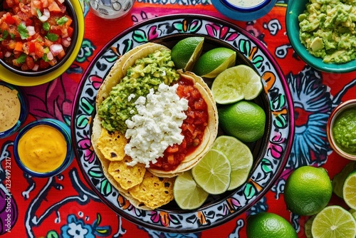 A vibrant overhead shot of a delicious Mexican-inspired dish, featuring tortillas topped with guacamole. photo