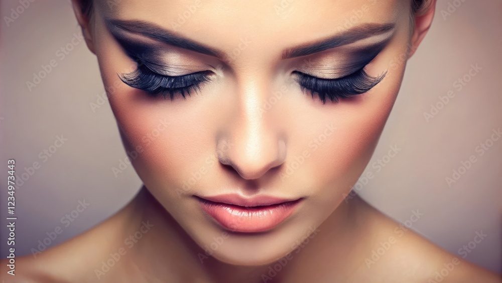 Close-up of a woman's face with dramatic eye makeup and long eyelashes, showcasing a flawless complexion and a delicate touch of lip color. Close-up of a woman's face with dramatic eye makeup and long eyelashes, showcasing a flawless complexion and a delicate touch of lip color.