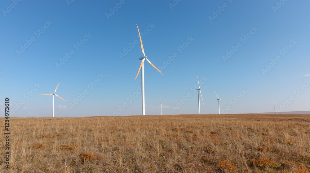 Wind turbines in autumn field, clear sky, energy Wind turbines in autumn field, clear sky, energy