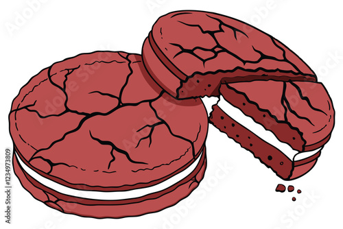 Red velvet cookie, circular shape, cracked surface, vibrant crimson color, rich texture, baked goods, close-up photography, white background, high contrast, detailed crumb structure, gourmet dessert, 