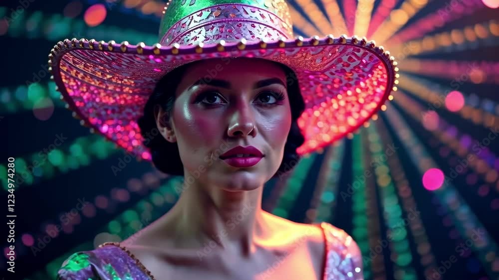 Mardi Gras banner with A woman wearing a pink hat and red lipstick stands in front of a colorful background. The image has a vibrant and lively mood, with the woman's outfit Mardi Gras banner with A woman wearing a pink hat and red lipstick stands in front of a colorful background. The image has a vibrant and lively mood, with the woman's outfit