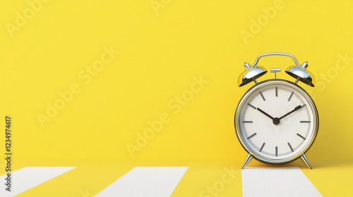 A vintage alarm clock sits against a bright yellow background, with white stripes below, creating a cheerful and playful atmosphere. photo