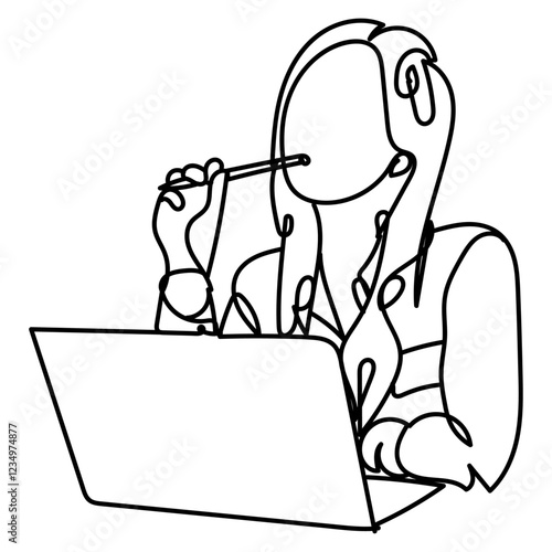 dessin en ligne continue d'une femme travaillant sur son ordinateur portable, line art, vecteur	
