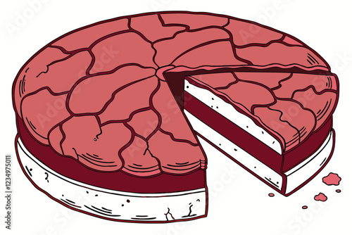 Red velvet cookie, circular shape, cracked surface, vibrant crimson color, rich texture, baked goods, close-up photography, white background, high contrast, detailed crumb structure, gourmet dessert, 