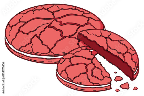 Red velvet cookie, circular shape, cracked surface, vibrant crimson color, rich texture, baked goods, close-up photography, white background, high contrast, detailed crumb structure, gourmet dessert, 