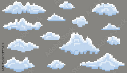 PrintSet clouds vector illustration in the style of old-school pixel art.	
