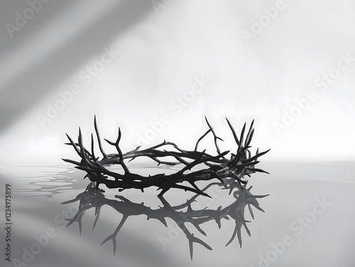 Close-up of a crown of thorns casting a dramatic shadow on a white background. Thorns evoke religious themes, often associated with Christianity. Holy Week concept.