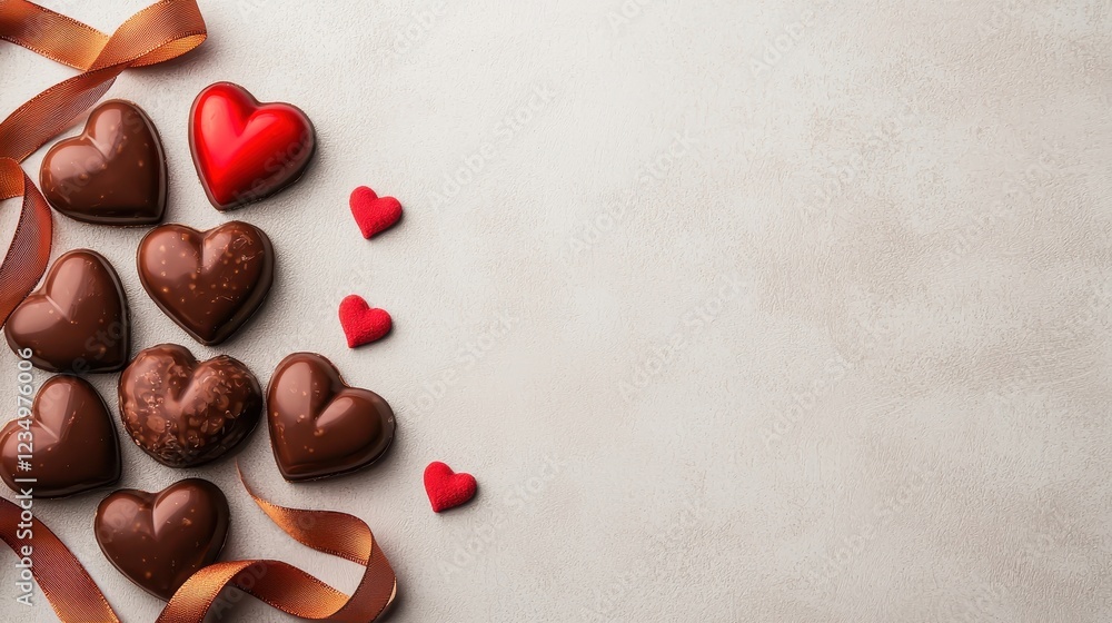 Assorted chocolate hearts with red accents and ribbons on a light surface. Assorted chocolate hearts with red accents and ribbons on a light surface.