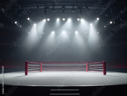 A dramatic view of an empty boxing ring under a spotlight, surrounded by darkness, highlighting the anticipation of a forthcoming event. photo