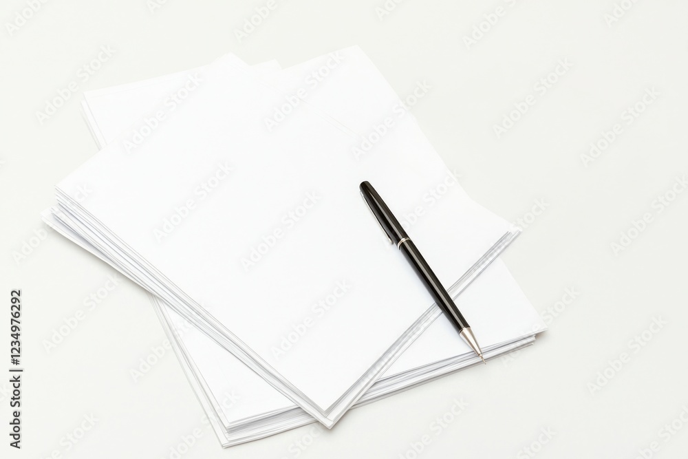 A clean stack of blank paper accompanied by a sleek black pen, ideal for note-taking or creative writing. A clean stack of blank paper accompanied by a sleek black pen, ideal for note-taking or creative writing.