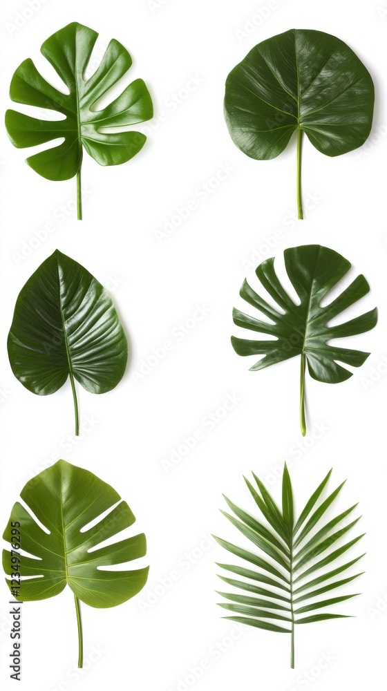 Fototapeta premium A collection of tropical plant leaves against a white background, featuring various shapes and sizes, showcasing the lush green color and texture of each leaf.