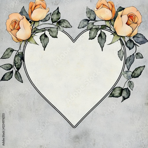 A heart-shaped frame adorned with soft orange roses and green leaves, set against a muted background, ideal for romantic or sentimental messages.