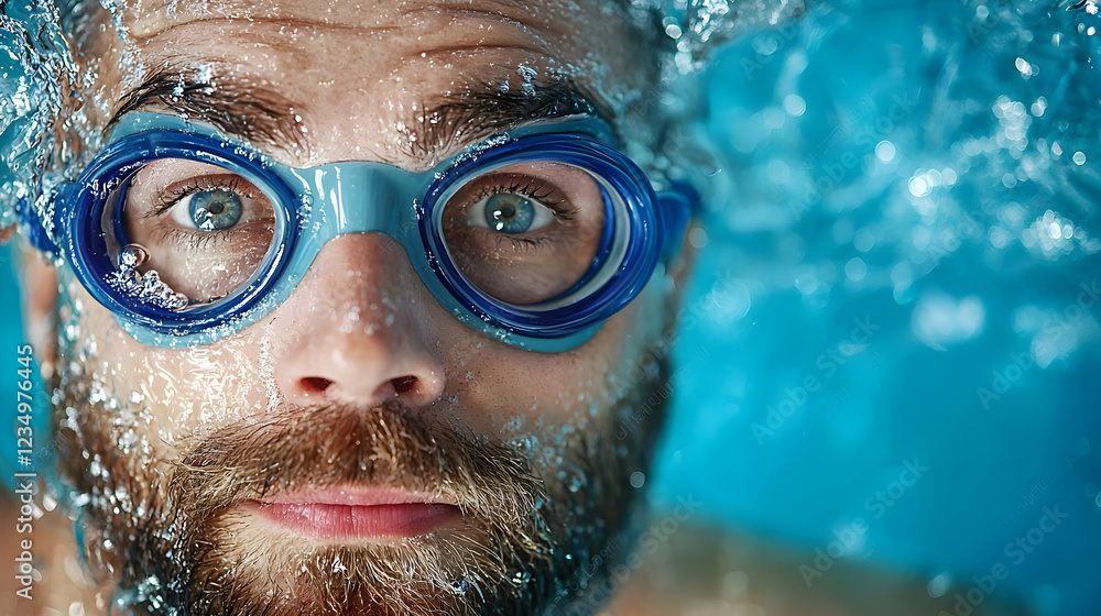 Fototapeta premium Bearded man swimming underwater, pool, water splashes, close-up