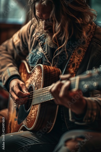 A musician playing an acoustic guitar in a cozy, intimate setting. photo