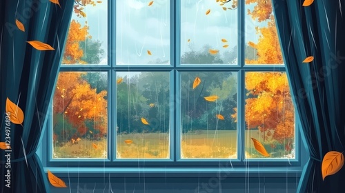 rain outside the window in the landscape of autumn park and yellow leaves.