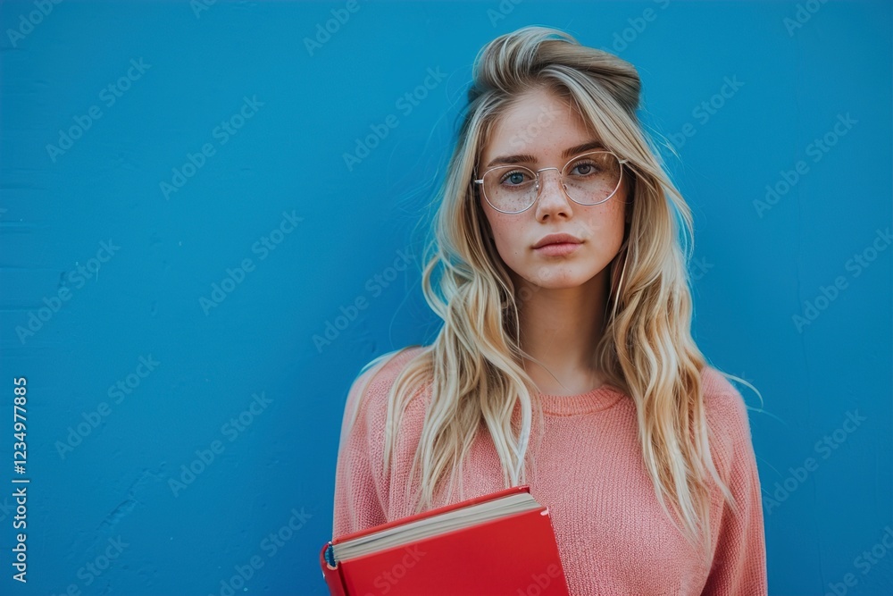 Fototapeta premium A Portrait of young blonde woman wearing glasses hold