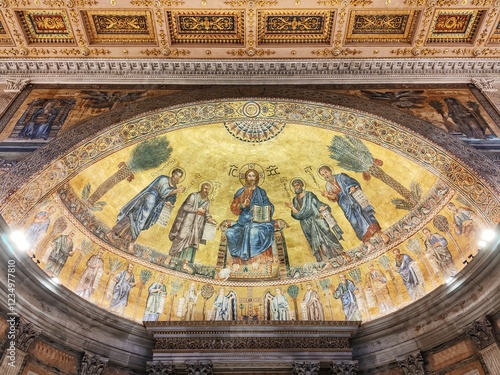 Rome, Italy - January 6, 2024, perspective view of the mosaic in the apse in the Basilica of Saint Paul Outside the Walls, exceptionally large, made by Venetian masters.
