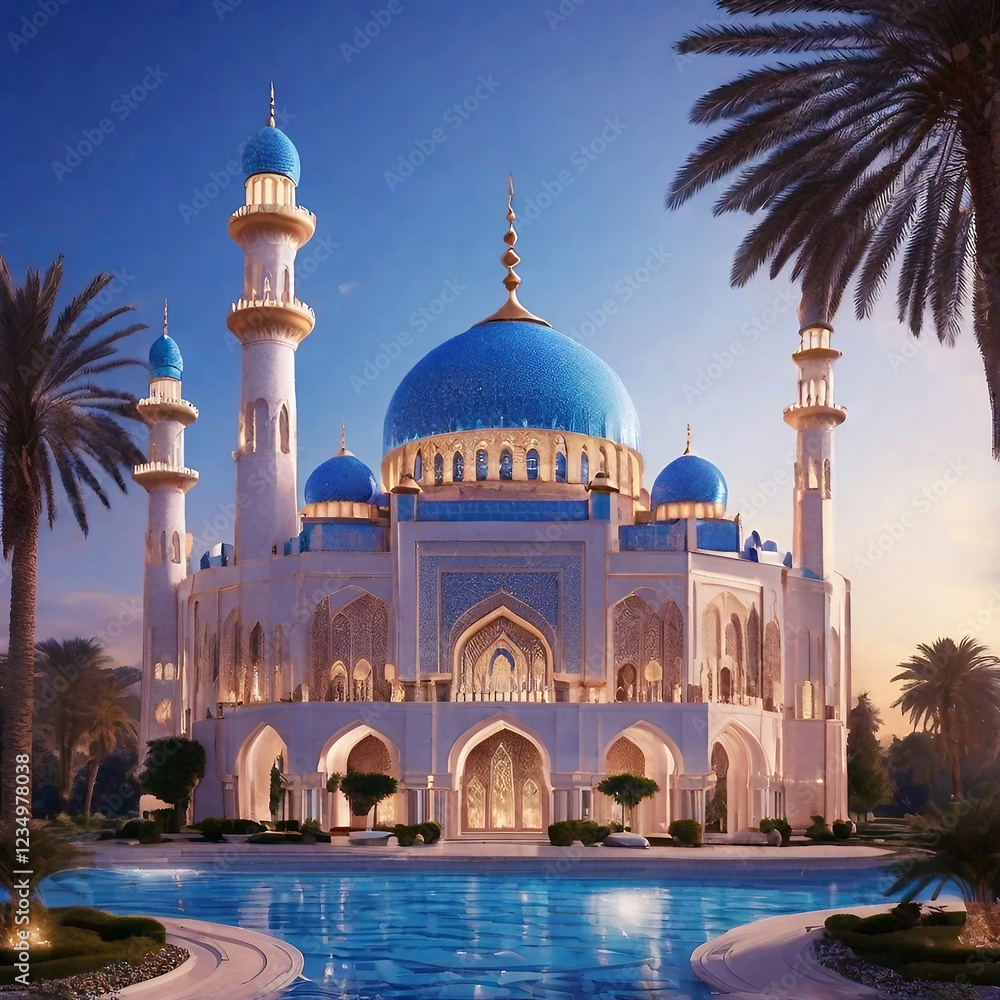 Naklejka premium Ramadan Tranquility: A Grand Mosque with Golden Domes and Minarets
