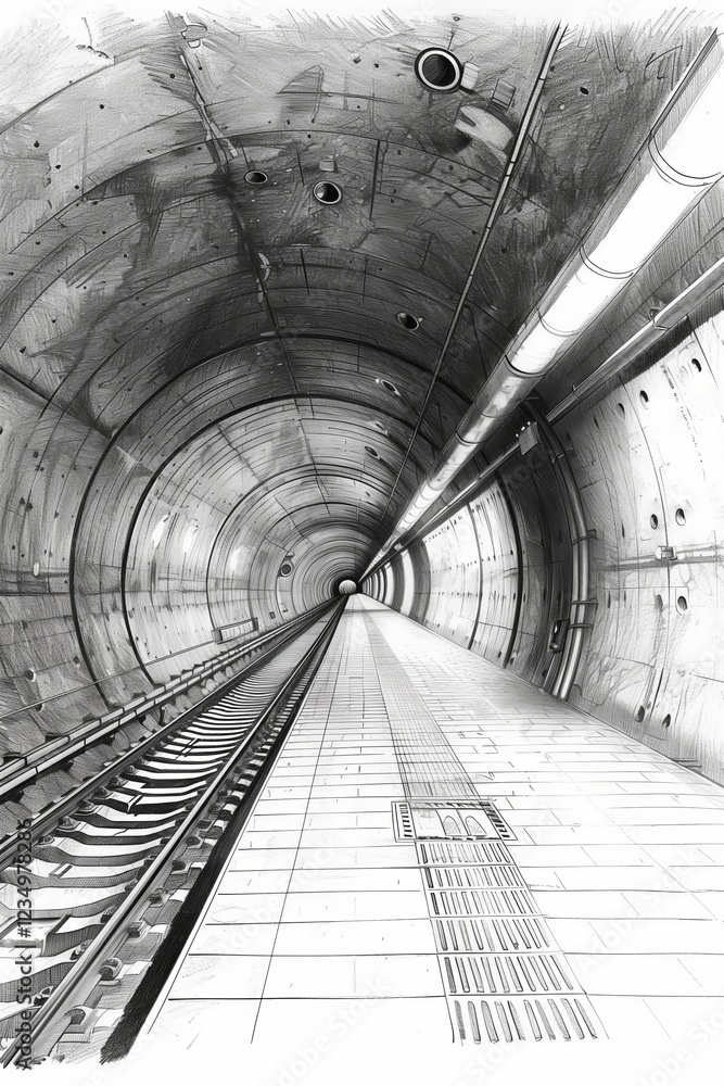Obraz premium A perspective view of an empty underground tunnel with tracks and industrial lighting.