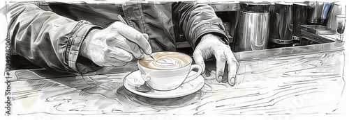 A person stirring a cup of coffee in a cozy cafe setting, creating latte art. photo