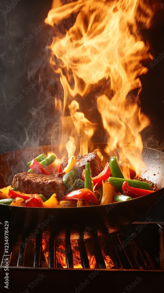 A sizzling beef steak is being cooked with assorted vegetables in a frying pan, with flames and smoke creating a dramatic culinary scene. A sizzling beef steak is being cooked with assorted vegetables in a frying pan, with flames and smoke creating a dramatic culinary scene.