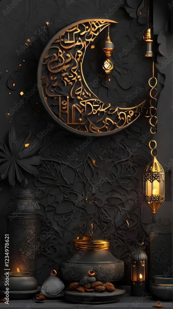 intricate arabic calligraphy crescent moon with lanterns and traditional decor intricate arabic calligraphy crescent moon with lanterns and traditional decor