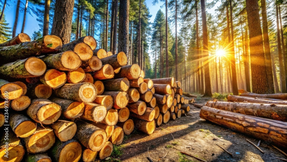 A Pile of Log Rounds in a Sun Dappled Forest with Rays of Sunshine Illuminating the Scene A Pile of Log Rounds in a Sun Dappled Forest with Rays of Sunshine Illuminating the Scene