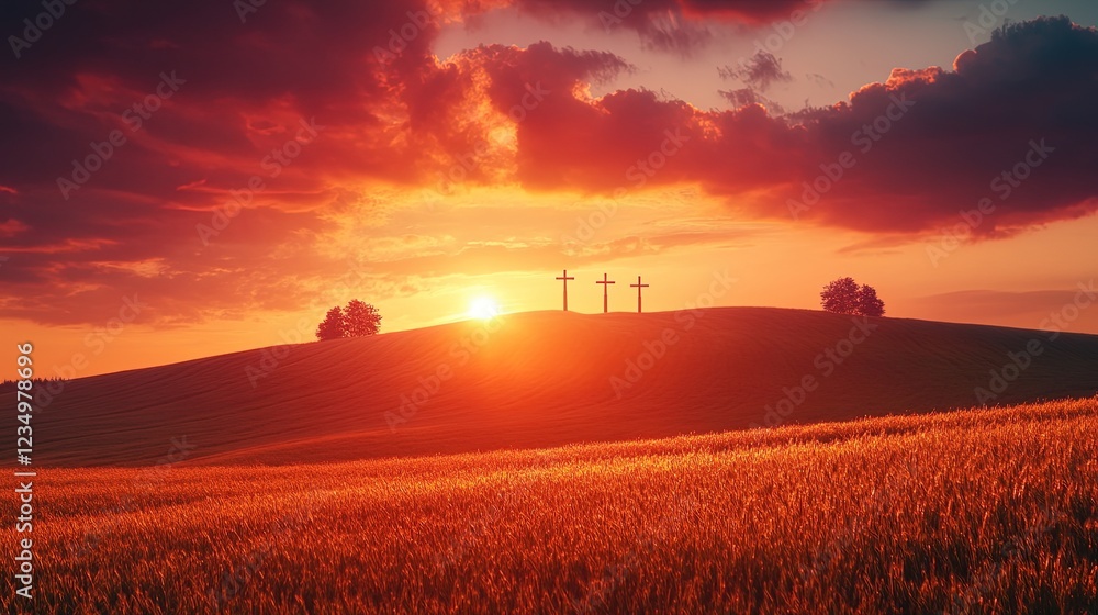 Sunset over a field with three crosses on a hill, symbolizing the Crucifixion, peaceful sky Sunset over a field with three crosses on a hill, symbolizing the Crucifixion, peaceful sky
