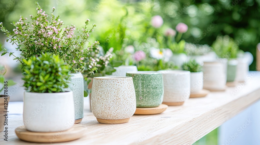 Fototapeta premium Small potted green plants and succulents in ceramic pots arranged in a row on a wooden table outdoors during a bright day.