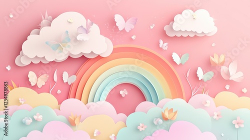 Rainbows and clouds in paper art style. Vector Illustration.