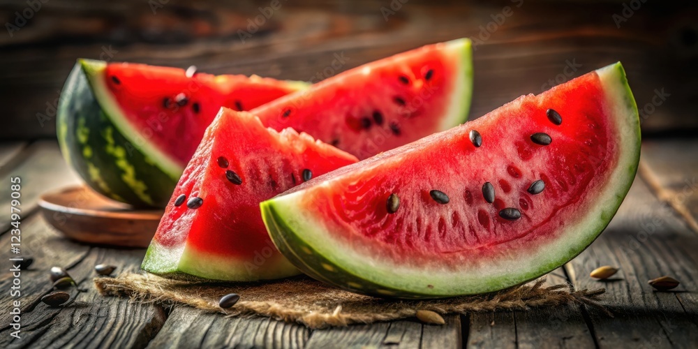 Sliced watermelon with black seeds on a rustic wooden surface, showcasing the juicy red flesh and green rind Sliced watermelon with black seeds on a rustic wooden surface, showcasing the juicy red flesh and green rind